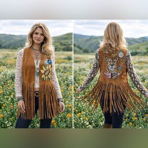 Berman Buckskin vintage long fringe suede vest handpainted cheetah flowers sz SM